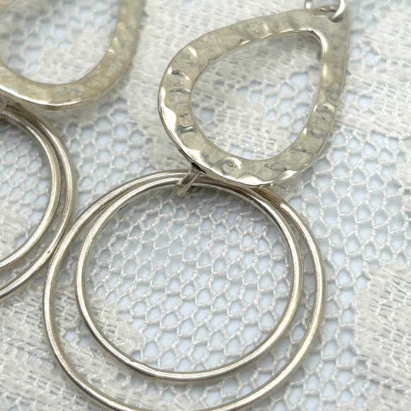 925 Sterling Silver Hammered Circle Double Dangle Earrings - Picture 5 of 13